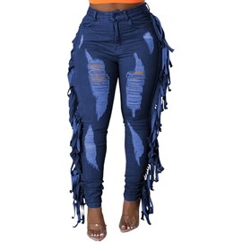 SeNight Women's High Waisted Ripped Jeans Cut Out Destroyed Frayed Tassels Distressed Navy Denim Pants