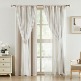 Bujasso Beige 80% Blackout Curtains with Sheer Overlay Mix and Match Double Layer Thermal Insulated Window Panels 84 inch for Bedroom Beige Drapes with Tiebacks Rod Pocket Back Tab 37" Wx84 Lx2