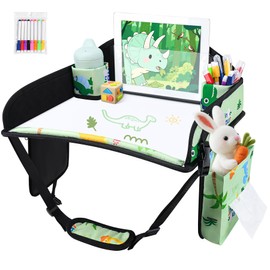 UTOLOVE Kids Travel Tray, Kids Travel Trays for Car Seat, Road Trip Essentials for Toddler, Carseat Lap Tray with Dry Erase Board & Storage Organizer for Road Trip Activities for Kid, Green