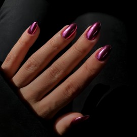 Pink Purplish Chrome Press on Nails Medium Almond Nails Press ons Metallic Nails Glue on,Acrylic Nails Fake Nails for Women,Thick Shinny False Nails Glue on Nails Medium Oval Nails for Party 24Pcs
