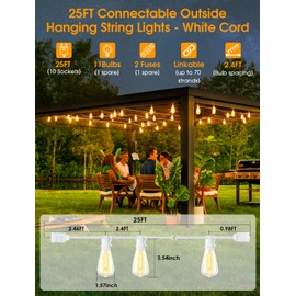 Larkvue 25FT Outdoor String Lights, Patio Lights with 10+1 LED Dimmable Waterproof Outside Hanging ST38 Edison Bulb Backyard Lights, 2700K, White Cord
