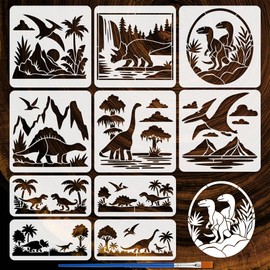 FINGERINSPIRE 10 Pcs Dinosaurs Painting Stencil with Brush 5.9/11.8 Inch Jurassic Period Plants and Dinosaurs Pattern Drawing Template DIY Art Decoration Stencil for Painting on Wood Fabric Furniture