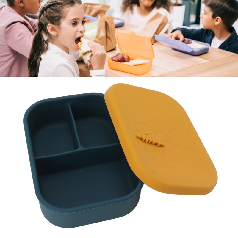 Silicone Bento Lunch Box Rectangle Leakproof 3 Compartment Divided Food