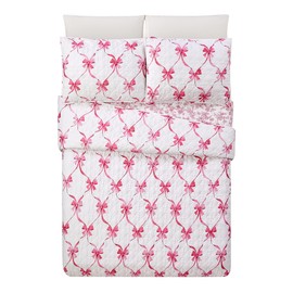 MODERN HEIRLOOM Pink and White Abigail Bow Reversible Quilt and Pillow Sham Set, Ultra Soft All Seasons Lightweight 3-Piece Quilt/Coverlet Set for Kids and Teens - Full Queen Size