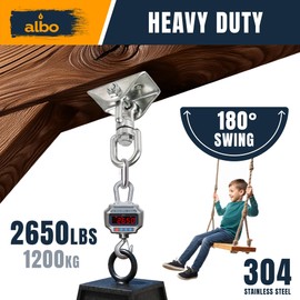 Albo 2650LBS Heavy Duty Ceiling Swing Hooks – 4 Pack Silver, 304 Stainless Steel, 180° Silent Swivel Mount, Indoor Outdoor Hanger for Hammock, Therapy Swing, Punching Bag – Screws for Wood & Concrete