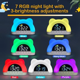Seutgjie Toddler Sleep Training Clock, Kids Alarm Clock with RGB Night Light Sound Machine OK to Wake Clock Dual Alarms Snooze Modes 12/24 Hour for Kids Girls Boys Teenagers Bedroom