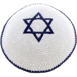 Round Designs Star of David Knitted Kippah (White Cotton and Blue Star)