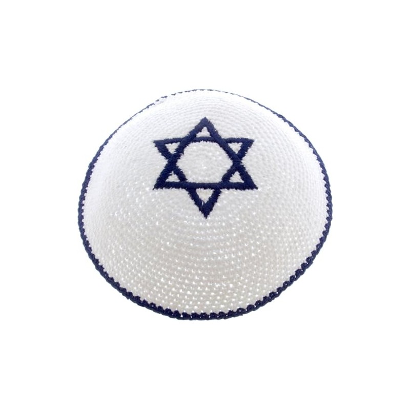 Round Designs Star of David Knitted Kippah (White Cotton and