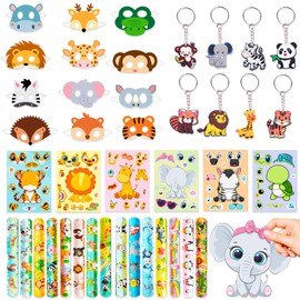 BACH AND BOUJEE 55PCS Jungle Party Bag Fillers Safari Theme Birthday Supplies Felt Animal Masks Kids Stickers Slap Bracelets Keychains Animal Ring Goodie Bag Fillers