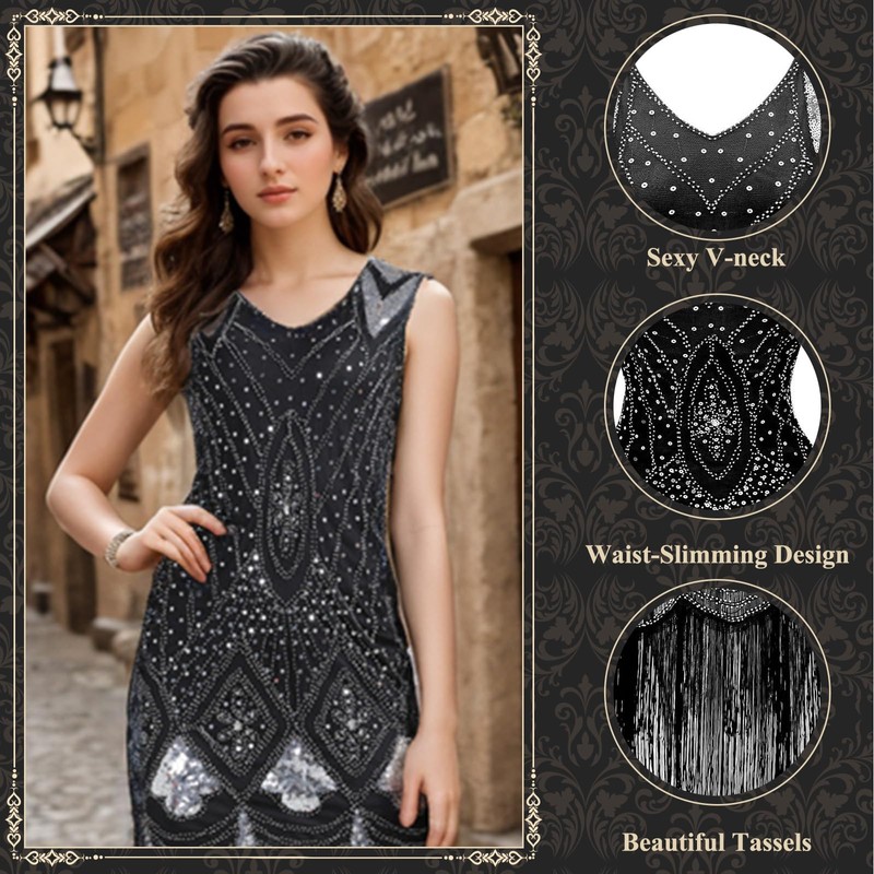 PLULON 1920s Flapper Dress with Sequins, Beads, Fringe and 20s