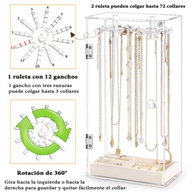 Organizador de Collares,Soporte de Collar de Acrílico para Hombres y Mujeres,Joyero Giratorio Transparente con Bandeja de Terciopelo Beige para Guardar Anillos, Pulseras y Collares.（24 ganchos）