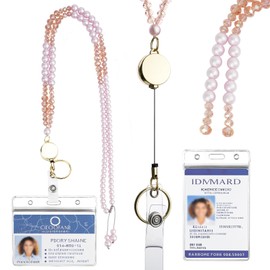 Eeffzia Retractable Beaded Lanyard for Keys & Badges - Natural Stone Bead, Stretchable Badge Reel with Handcrafted Sliding Knot, Multipurpose ID Holders for Teacher, Office and Cruise, Pearl Pink