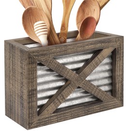 Autumn Alley - Soporte rústico para utensilios de cocina para puerta de granero, soporte para utensilios de cocina de madera de granja, detalles galvanizados, decoración rústica de cocina, detalles de