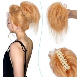 S-noilite Claw Clip Messy Bun Real Human Hair Tousled Updo - Clip in Ponytail Chignon Hairpieces for Women Girls #27 Dark Blonde 44g