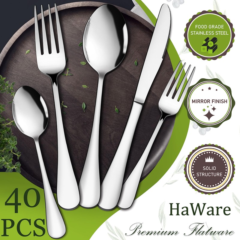 HaWare 40-Piece Silverware Set Service for 8, Stainless Steel Flatware