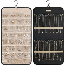 Organizador de Joyas Colgante de Doble Cara, Exhibidor de Collares y Aretes con 32 Bolsillos Transparentes y 28 Ganchos para Collar, Alhajero de Pared o Armario, 36x64cm