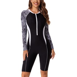 Womens Long Sleeve Swim Bodysuits One Piece Athletic Training Swimwear Knee Length Zip Front Rash Guard UV Sun Protection Floral Printed Beach Bodysuit Surfsuit Built in Bra