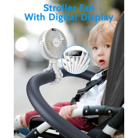 SWEETFULL Portable Stroller Fan with LED Display 4000mAh Battery Powered Mini Clip Fan, 4-Speed Rechargeable Small Personal Fan Handheld Desk Cooling Fan for Car Seat Crib Treadmill Travel(White)