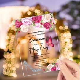 Avior Quinceanera Invitation, Gold Frame Invitation Designs, Birthday Quinceanera Party Clear Invitations High Heels