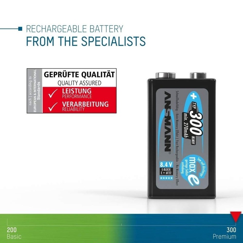 ANSMANN Rechargeable 9V Battery 300mAh pre-Charged Low Self Discharge 9Volt