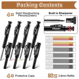 Hiboom 4 Pack Carpenter Pencils with 36 Refills (Red, Black, Yellow), 2.8 mm Heavy Duty Woodworking Marking Tool Built In Sharpener Ideal for Marking on Solid Long Nosed Deep Hole(Black)