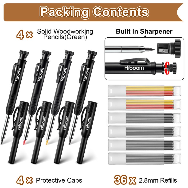 Hiboom 4 Pack Carpenter Pencils with 36 Refills (Red, Black,
