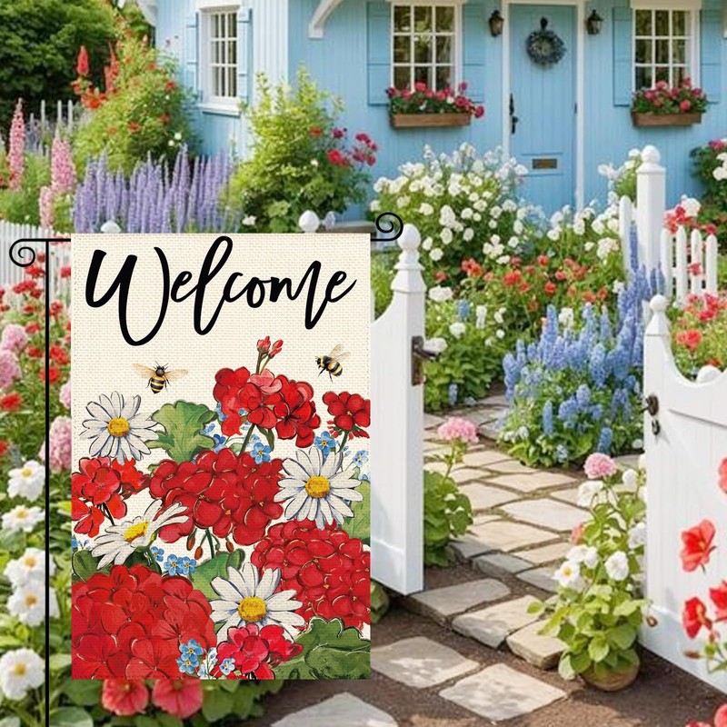 Tikeciti Red Geraniums Bee Garden Flag Double Sided Small Yard