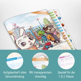 Homework Book Primary School A5 for 1st + 2nd Grade without Date [School Starter] with Cover - Task Book + Sticker, Learning and Thinking Games - Sustainable and Climate Friendly