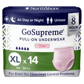 NorthShore GoSupreme Overnight Incontinence Underwear, 8-Hour Pullup Style, X-Large, 14 Count Bag, Pink, 44-56 inches, Unisex Adult Diapers
