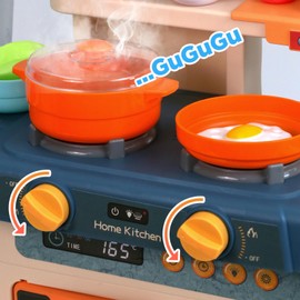 EVERGD Kitchen Cooking Play Set Cookware Playset Role Playing Toy Game with Light and Sound Features Gifts for Children Kids (Pink 2)