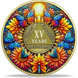 15 Year Sobriety Coin Gifts | Sun and Boat Butterfly AA Coin - HA AA Chip Medallion with Serenity Prayer | Narcotics Alcoholics Anonymous Gifts for Anniversary Year for Men & Women in Recovery