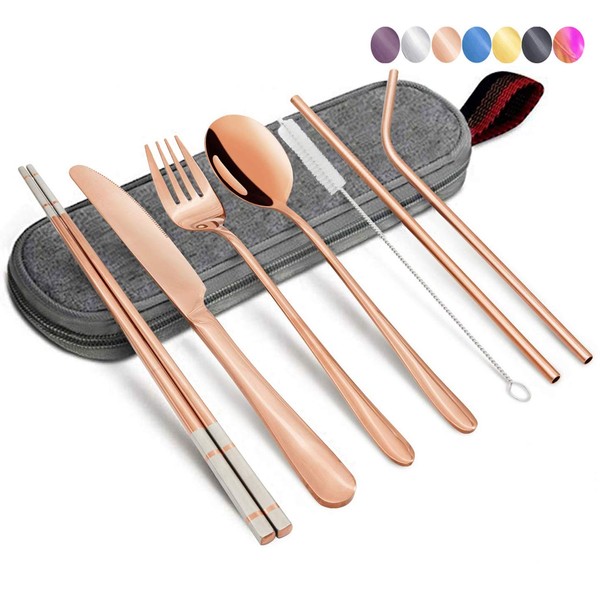 Flatware Set-Travel Camping Cutlery Set-304 Stainless Steel Portable Utensils Including Case for Lunch School Camping Office(Straw+Straight Straw+ Knife+Fork+Spoon+Chopsticks+Cleaning Brush) -RoseGold
