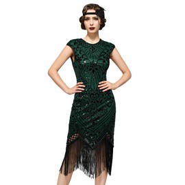 SWEETV Women's 1920s Flapper Dresses Great Gatsby Dress Sequin Fringed Roaring 20s Cocktail Dress Green Large
