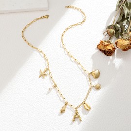 Gold Initial Charm Necklace for Women Gold Shell Starfish Necklace Summer Beach Charms Necklaces for Women Beach Jewelry Gift Initial T