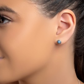 Owyhee Blue Opal and Sterling Silver Simple Minimal Round Stud Earrings, Blue Natural Gemstone Earrings