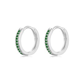 WOVEE 1 Pair of Small Creole Earrings 10 mm Silver Stud Green Zirconia, Cubic Zirconia