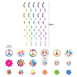 18 Pcs 60's Hippie Theme Party Foil Swirl Decorations 60s Groovy Party Retro Flower Cutouts Peace Sign Hanging Swirls Ceiling Decorations for 60sTheme Party Decorations