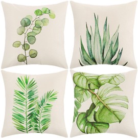 ARNTY Cushion Cover 45 x 45 cm, Cushion Cover Boho Cushion Covers Set of 4 Decorative Cushion Cover for Sofa, Office, Car, Bedroom, Home Decor (Green Leaf Linen)