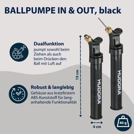 HUDORA Ball Pump In & Out in Black - High-Quality Ball Air Pump for Football / Basketball / Volleyball etc. - Compact Hand Air Pump in 19 x 4 cm - Small Air Pump with Practical Dual Function