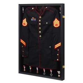 KCRasan Military Uniform Display Case - Police Uniform Display Frame - Uniform Shadow Box Wall Cabinet with Uv Protection Acrylic Door for Collection Military Uniform Black
