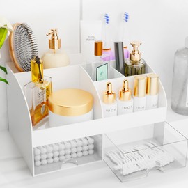 Makeup Organizer with Drawers, Cosmetic Storage for Dresser Vanity and Bathroom Countertop, Beauty Holder for Lipstick Brush, Skincare Organizer for Vanity, Cosmetic Display Case (White)