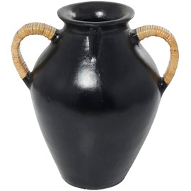 Deco 79 Ceramic Decorative Vase Jug Inspired Centerpiece Vase with Rattan Wrapped Handles, Flower Vase for Home Decoration 17" x 14" x 19", Black