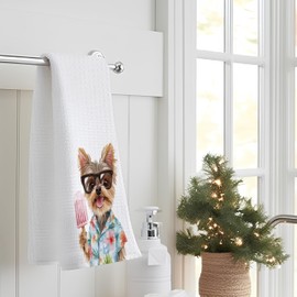 INDAJEDN Yorkshire Terrier Gifts Kitchen Towels, Tropical Shirt Sunglasses Ice-Cream Puppy Decorative Dish Tea Towels for Kitchen, Summer Yorkie Dog Hand Towels for Bathroom, 16x24 Inch