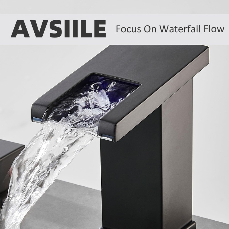 AVSIILE LED Bathroom Faucet 3 Hole, Matte Black Waterfall Bathroom