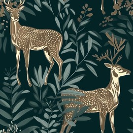 HENNOR Animals Wallpaper Peel and Stick Boho Wallpapers 17.5in x 9.8ft Wild Deer Wallpaper Vintage Leaf Contact Paper Vinyl Self Adhesive Modern Floral Wall Paper for Bedroom Bookcase Cabinet Decor