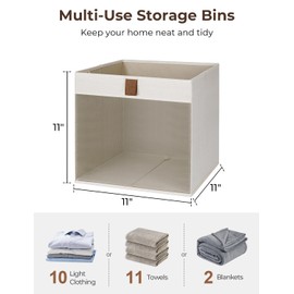 StorageWorks 11x11 Storage Cubes with Clear Window, Fabric Storage Box with PU Handles, Collapsible Storage Bins Organizer for Closet, Beige, 3-Pack