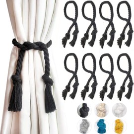 Yteseery 8 Pack Curtain Ties Rope, Outdoor Curtain Tiebacks for Patio Gazebo Pergola Cabana, Natural Cotton Curtain Holders, Village Rural Rustic Farmhouse Curtain Holdbacks for Drapery, Black