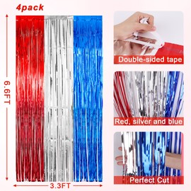 4 Pack 3.3 x 6.6 FT 4th of July Party Decorations Red White Blue Tinsel Foil Fringe Curtains Photo Backdrop Streamer, Fourth of July Backdrop for Patriotic Party Decor Memorial Day Independence Day