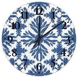 Minimalist Wood Clock Silent Non-Ticking Large Numbers Battery Operated Indigo Blue Trellis Ikat Geometric Chinoiserie Style Accent Wood Clocks Rustic Wall Decor for Workshop Bathroom Dining Room 15"