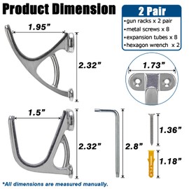 KIMIWISE Gun Rack Wall Mount with Felt Wall Horizontal Metal Heavy Duty Gun Hooks for Rifles and Shotguns Storage Security, 2 Pair(Silver)